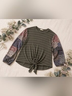 Alchemy Thread Olive Tie Front Blouse | Boho Patchwork Sleeve Top